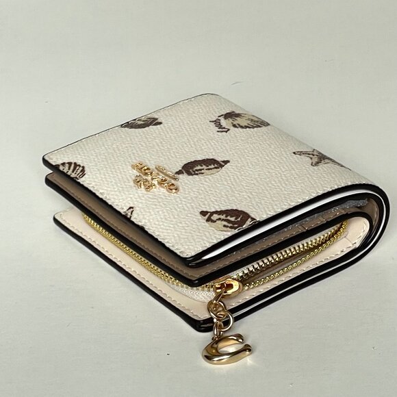 Coach Snap Wallet ID Shell Print CBO73 White Brown Small Billfold ORGPKG Charm - Picture 3 of 8